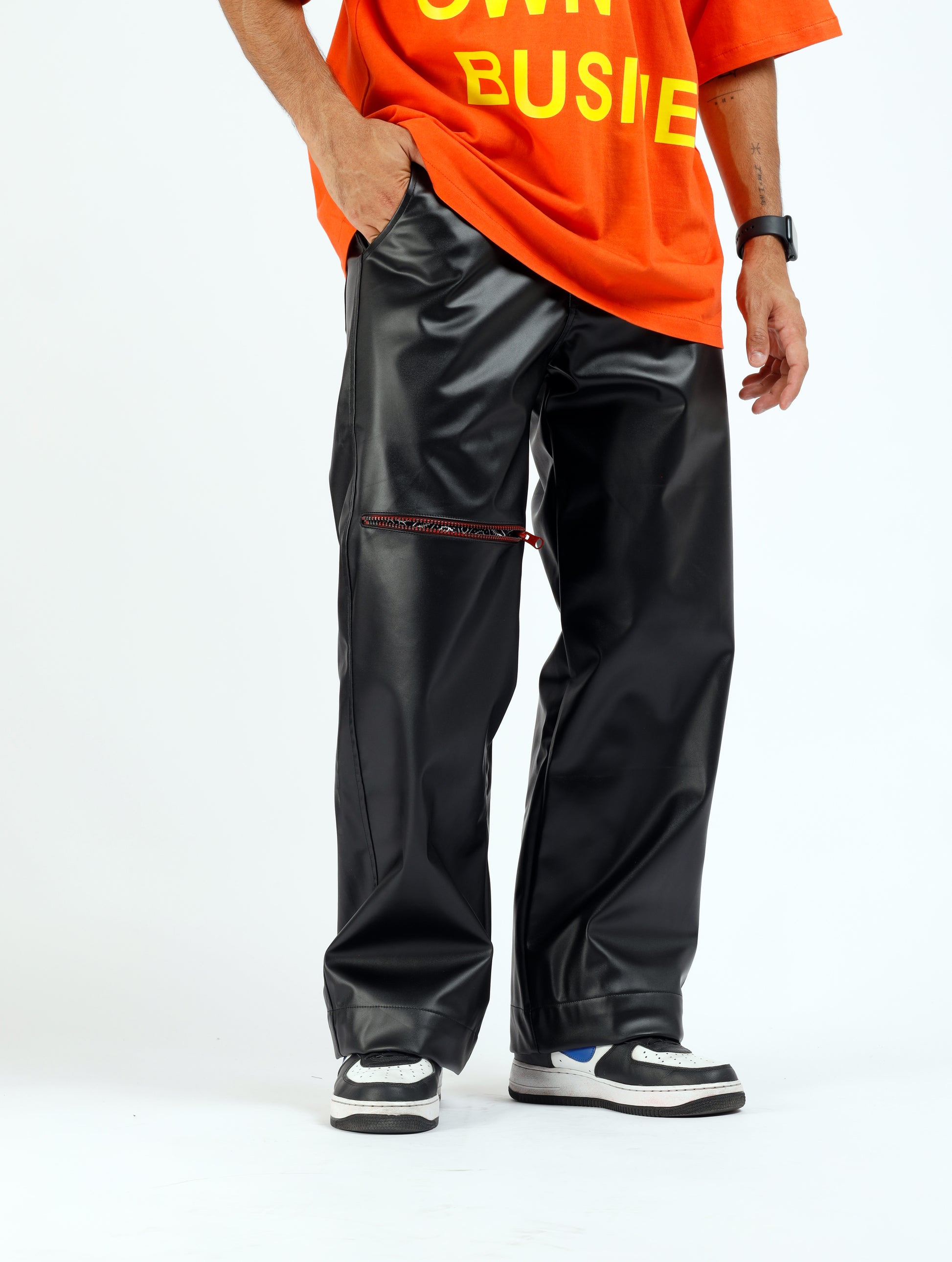 Black Leather Paisley Chain Pants