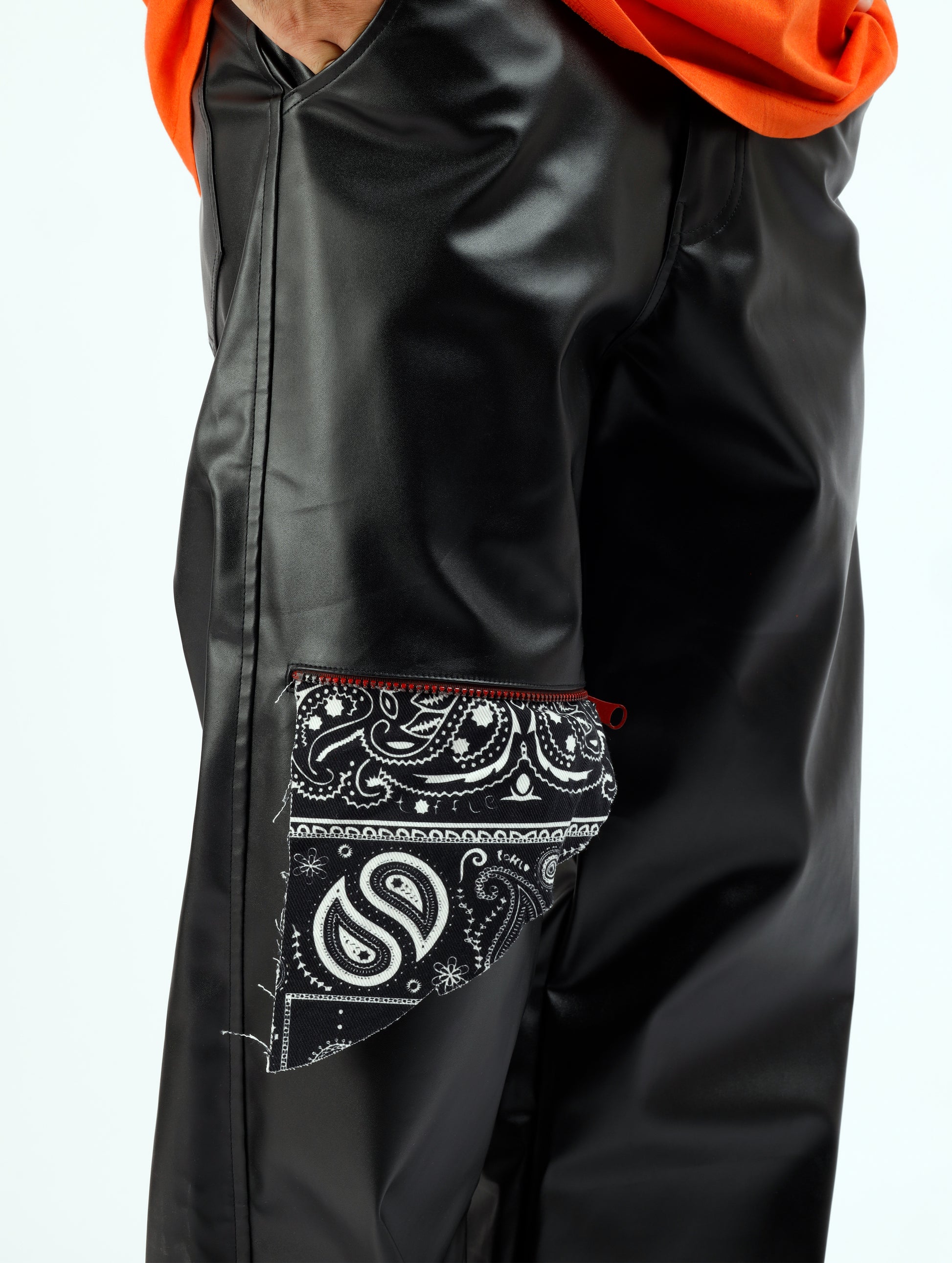Black Leather Paisley Chain Pants